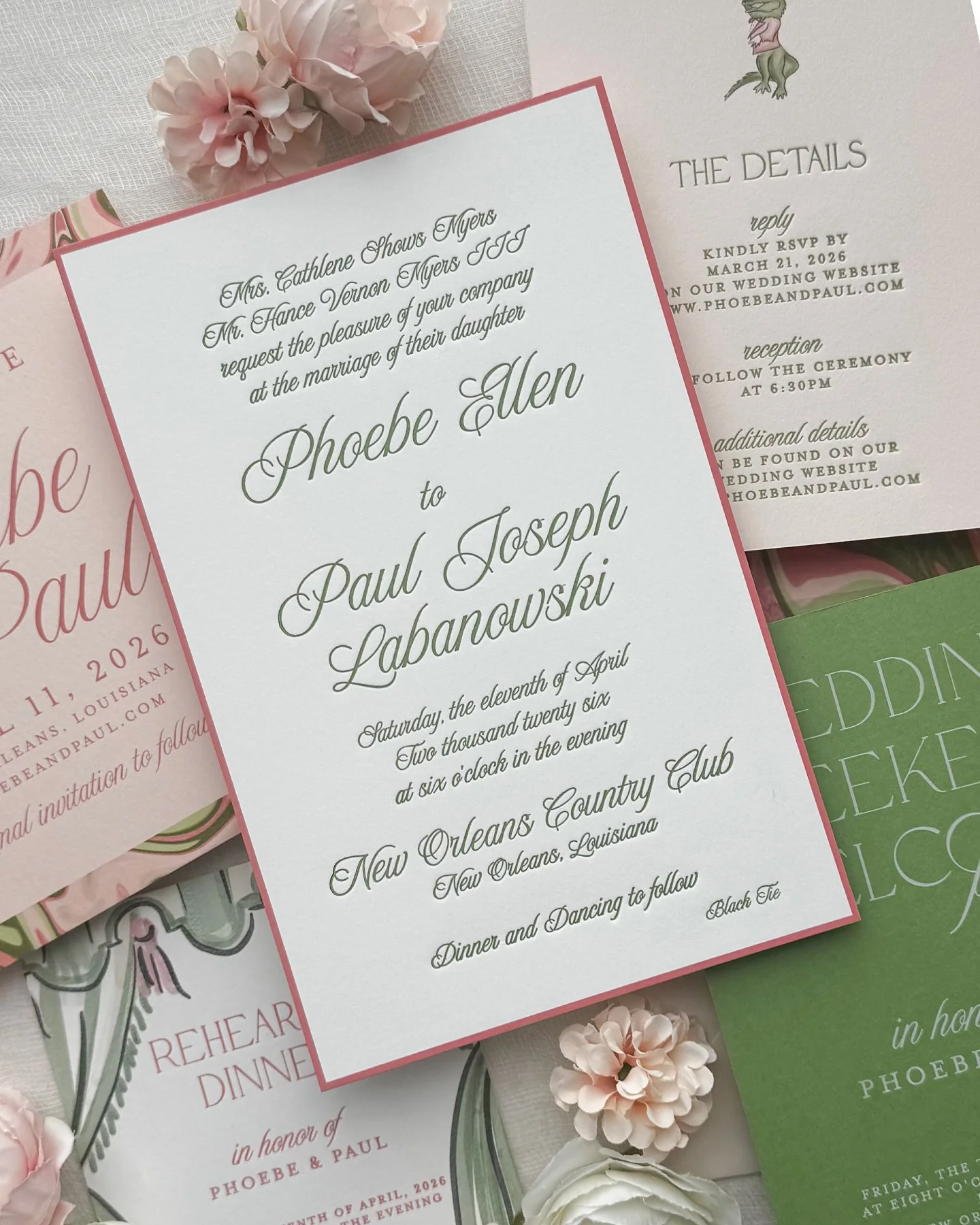 Pink and green, a gator in a tuxedo, and the New Orleans Country Club. Tell me you're a New Orleans bride without telling me.

Phoebe and Paul's suite is one I could stare at all day. The invitation is letterpressed in green ink on soft white cotton 