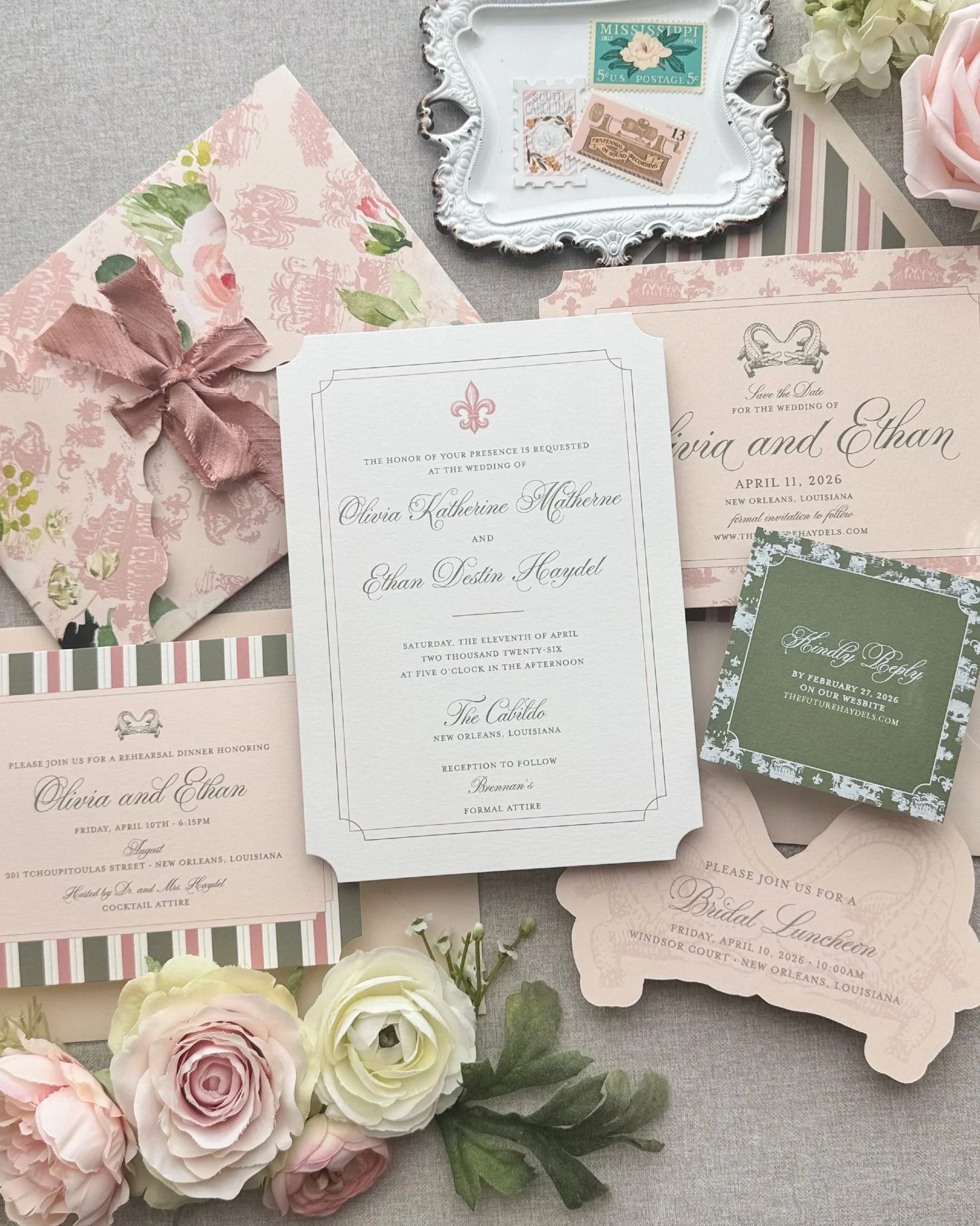 Every once in a while, a suite comes together so beautifully it stops you mid-production.

Olivia and Ethan's New Orleans wedding suite is all digital, and it is stunning from top to bottom. A fleur-de-lis, soft blush tones, sage stripes, a romantic 
