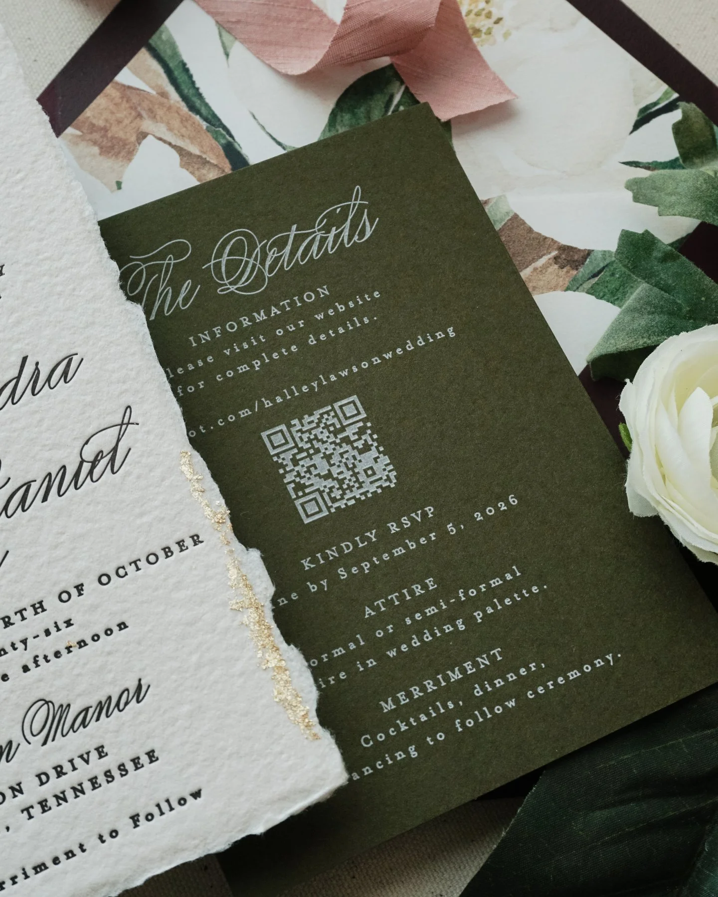 Sneaking this one in before the full reveal because I simply cannot wait.

Forest green. White ink. A deckle edge kissed in gold. This details card is doing everything right and it is only one piece of what is coming.
Some suites just stop you mid-sc