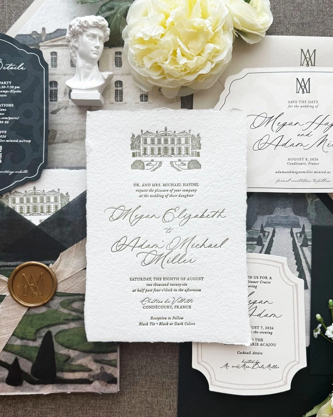 Megan and Adam said "I do" at Ch&acirc;teau de Villette this August, and their suite had to feel like the first glimpse of France before a single guest boarded a plane.

We began with a custom illustration of the ch&acirc;teau itself, set a