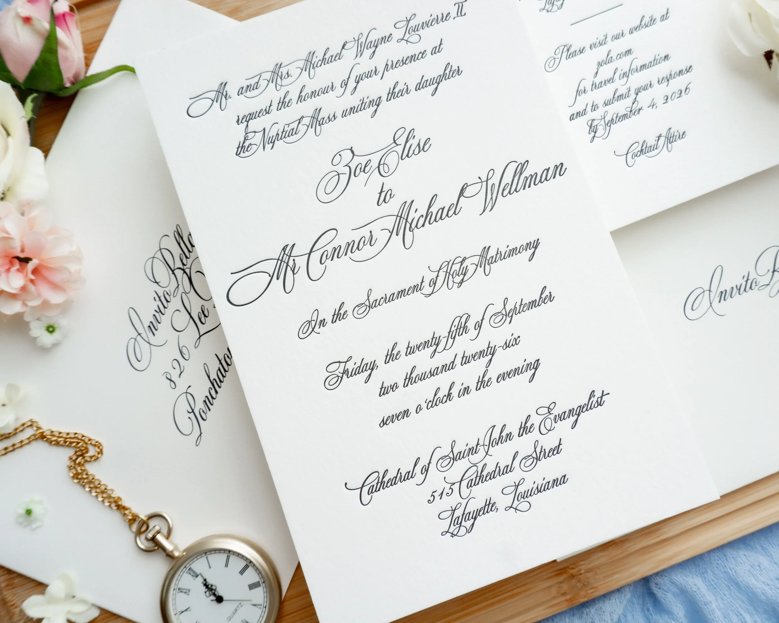 If you&rsquo;ve always pictured a wedding invitation that feels like it belongs in a family keepsake box, this one&rsquo;s for you.

For Zoe and Connor, we kept everything beautifully traditional: a generous A9 invitation, double thick cotton paper, 