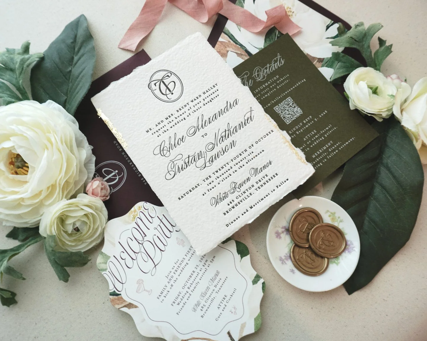 Handmade paper, gilded edges, and a welcome party worth celebrating.

For Chloe and Tristan&rsquo;s suite, we letterpressed the invitation on soft, handmade paper with deckled edges kissed in gold foil, crowned by a custom monogram crest that carries