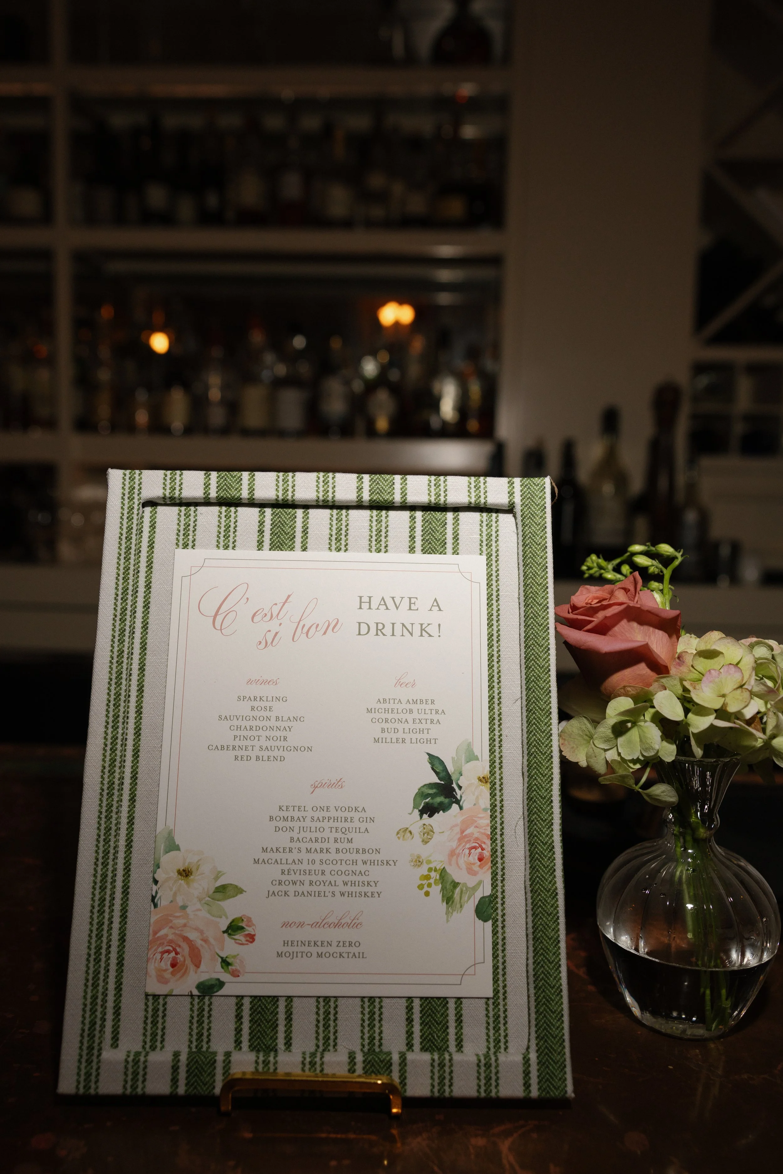 Custom wedding bar sign with watercolor florals in blush and green