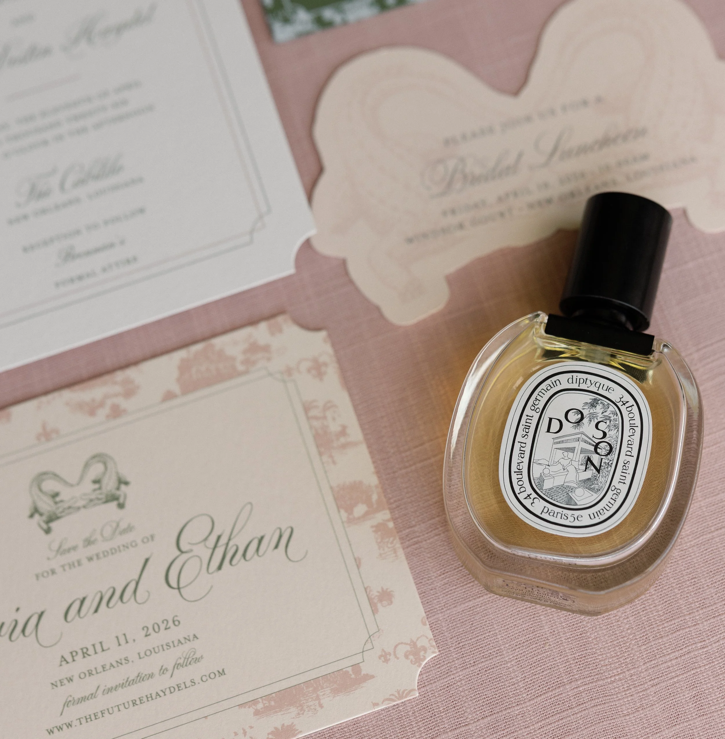 Blush and green New Orleans toile wedding invitation suite with custom crawfish crest