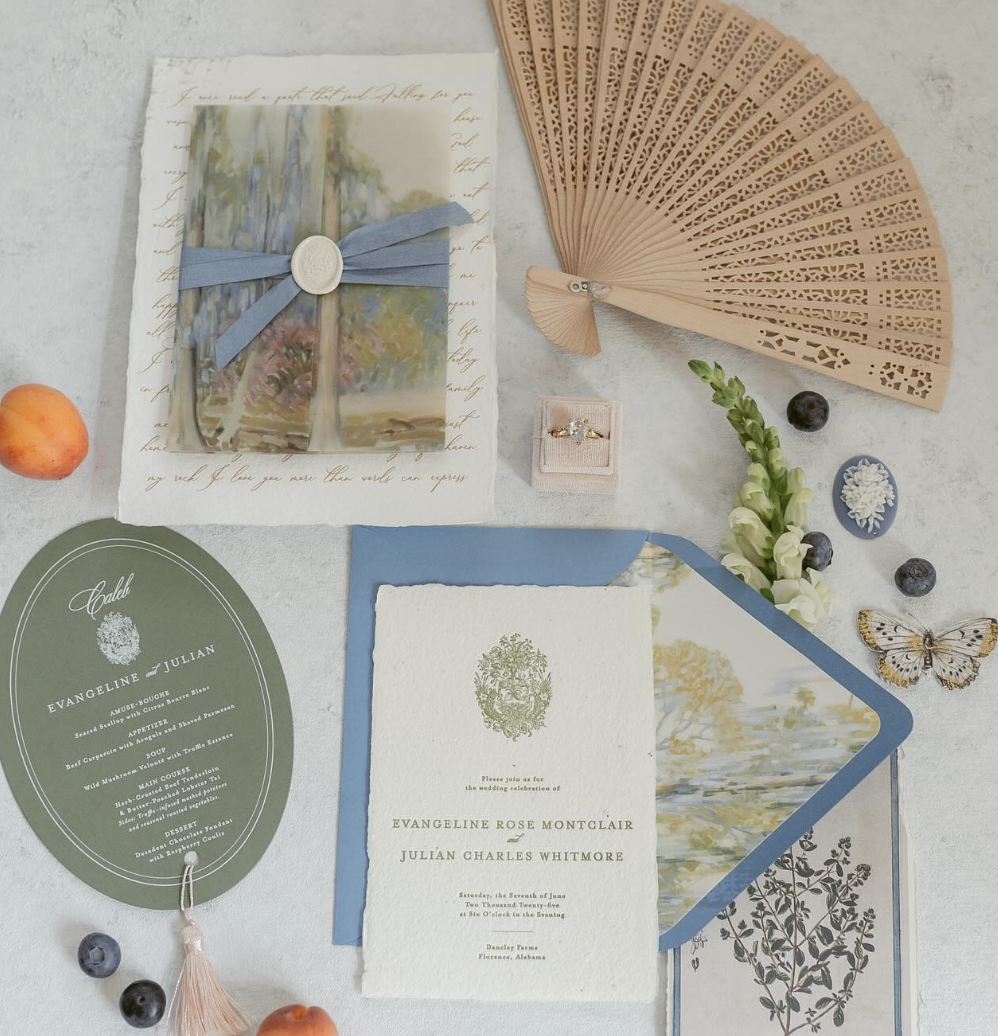 Two Piece Suite with Vellum Wrap, Wax Seal, and Ribbon