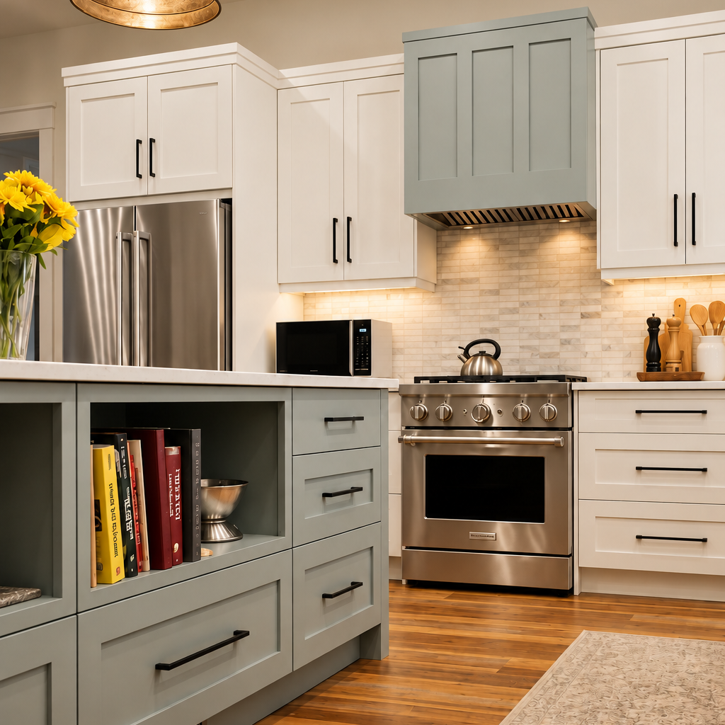 Custom kitchen cabinetry featuring a sage green island with open shelving, white Shaker cabinets, black hardware and a matching range hood.