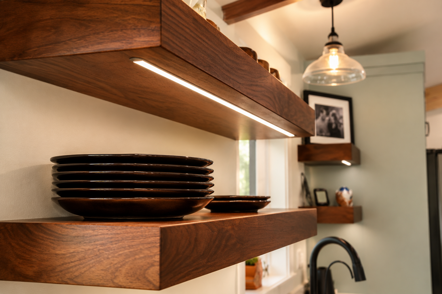 Custom walnut floating shelves with integrated lighting beside Wedgewood Gray kitchen cabinetry.