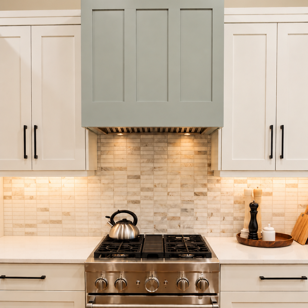 Sage green custom range hood with integrated lighting above a stainless steel gas range, surrounded by white cabinetry and a stone tile backsplash.