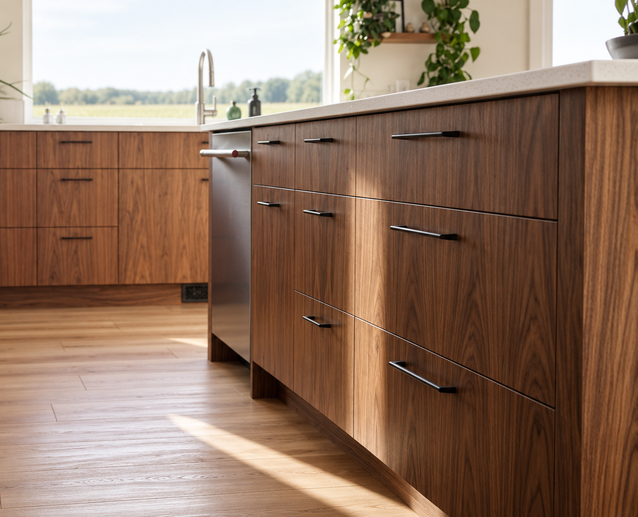 Scandinavian-inspired walnut kitchen with large island, custom cabinetry and prairie views