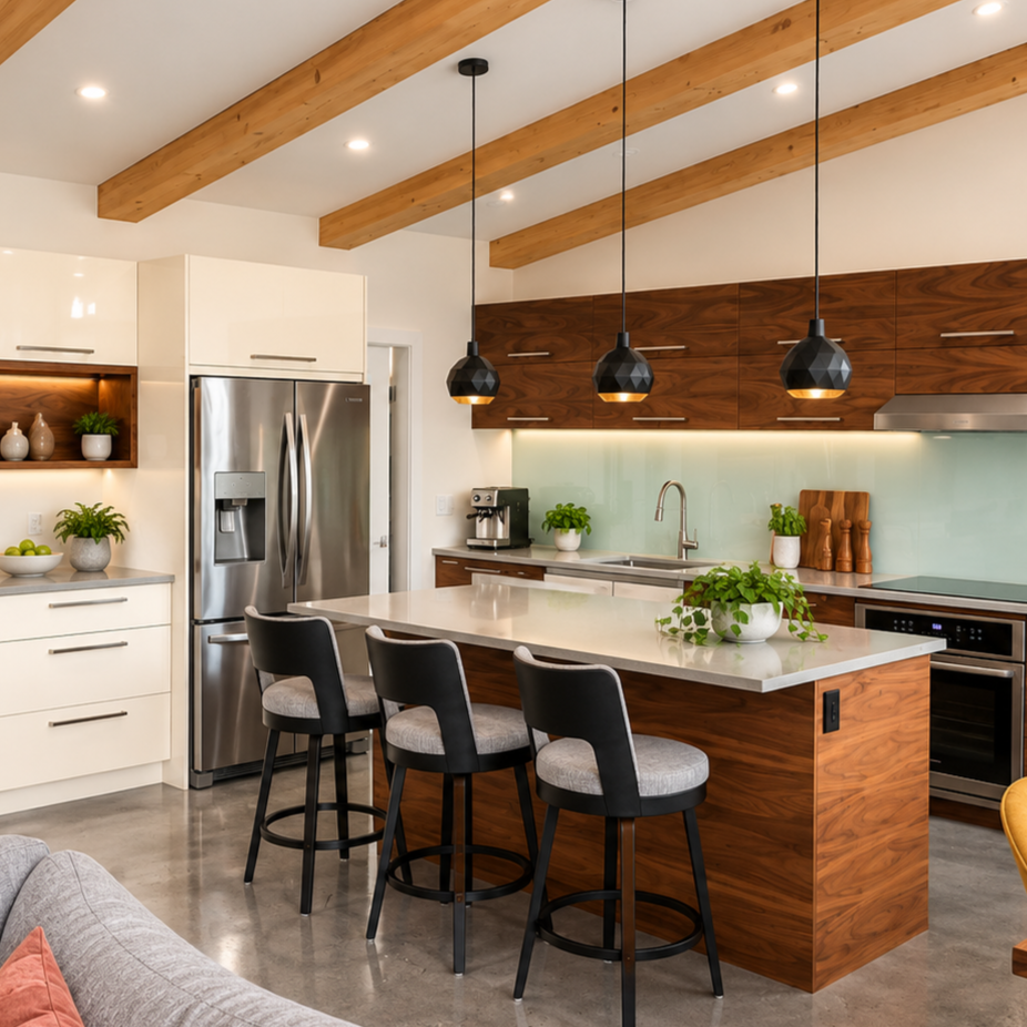 Modern Canmore kitchen with custom walnut and white cabinetry, large island, open shelving and exposed wood beams.