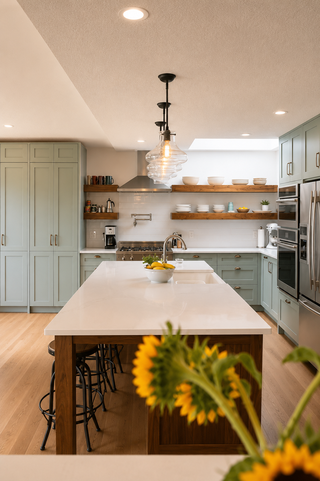 Custom kitchen with soft green cabinetry, natural wood island, open shelving and handcrafted storage by Winters Woodworks.