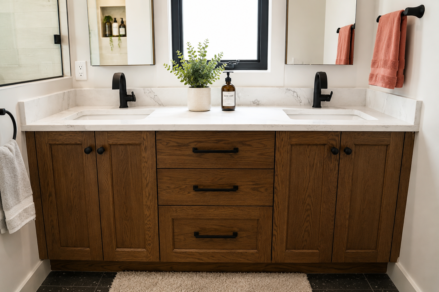 Custom wood bathroom vanity with double sinks, white stone countertop and black fixtures.