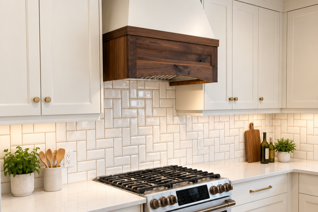 Custom white kitchen cabinetry with walnut range hood and textured tile backsplash in a Crammond, Alberta farmhouse.