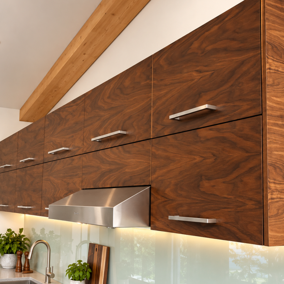 Walnut upper cabinets with sleek metal hardware and open shelving in a modern Canmore kitchen.