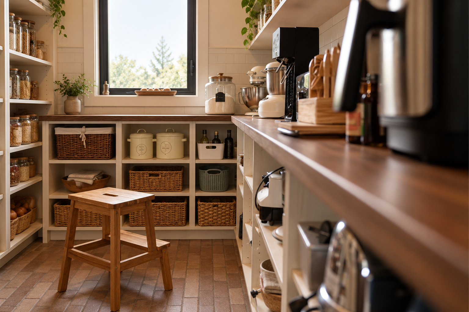 Walk-in pantry designed as a hardworking extension of the kitchen with open shelving and generous counter space.
