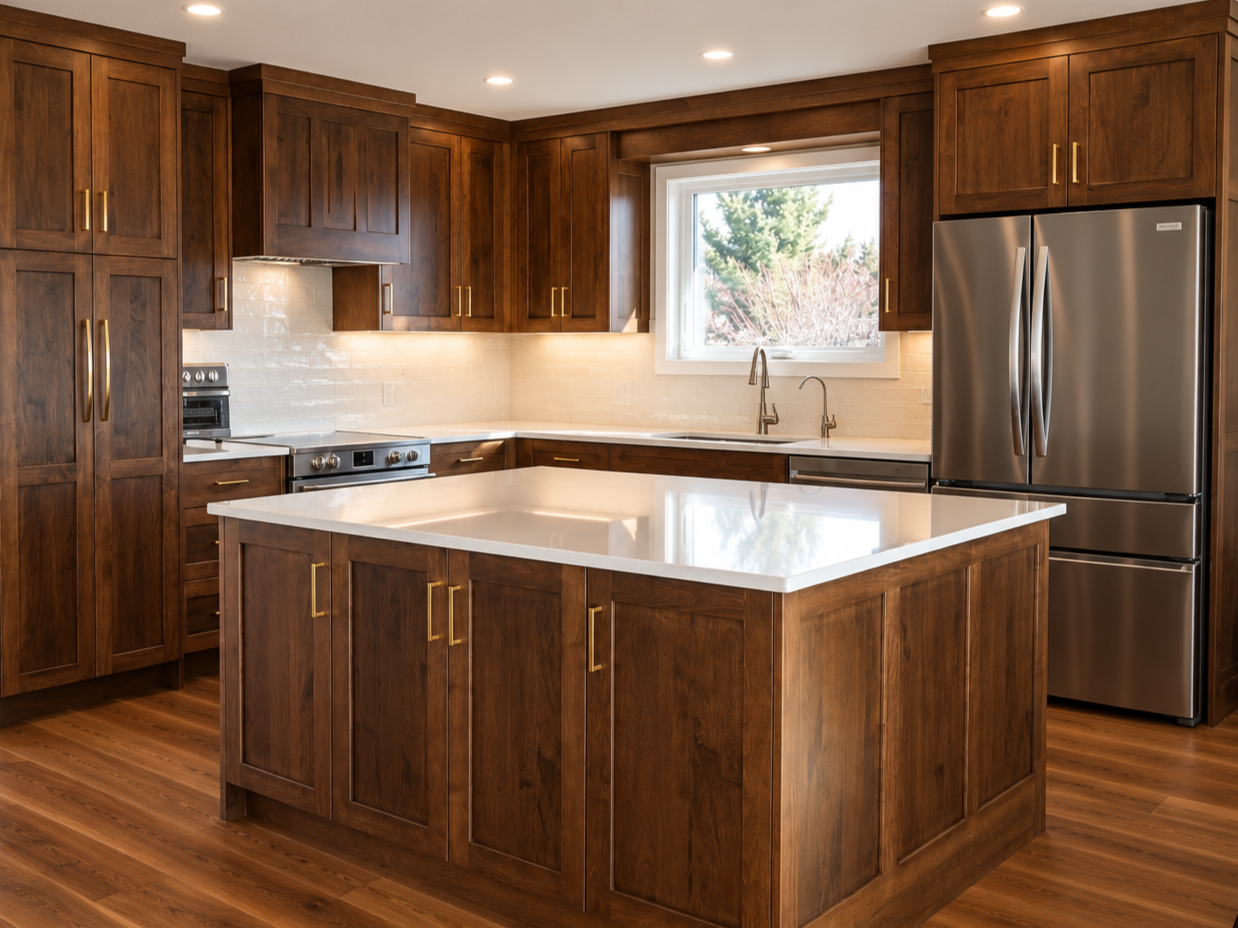 Custom warm wood Shaker kitchen in Sundre, Alberta, featuring a large paneled island, white countertops, brass hardware and full-height cabinetry.