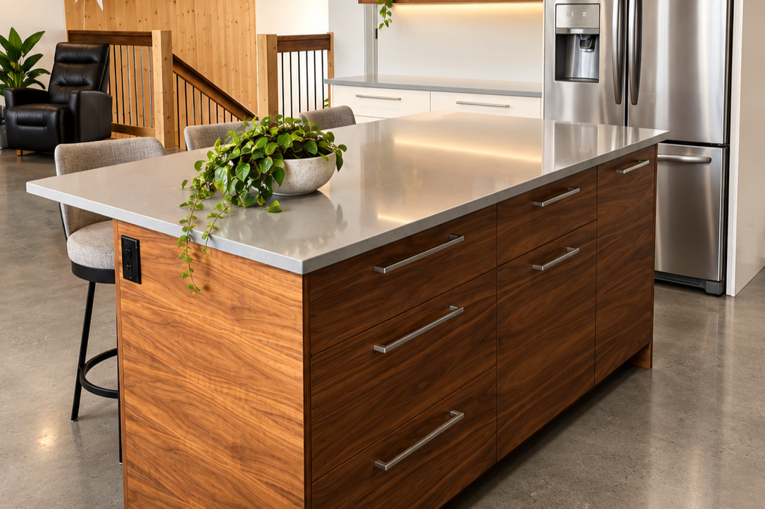 Custom walnut kitchen island with generous drawer storage, seating and a light countertop in Canmore, Alberta.