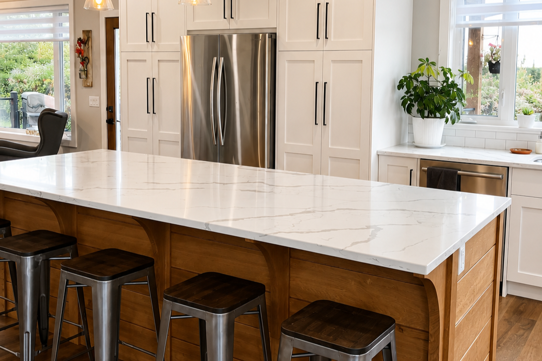 Custom farmhouse kitchen with white Shaker cabinets, white oak island and matching wood range hood by Winters Woodworks in Sundre, Alberta.