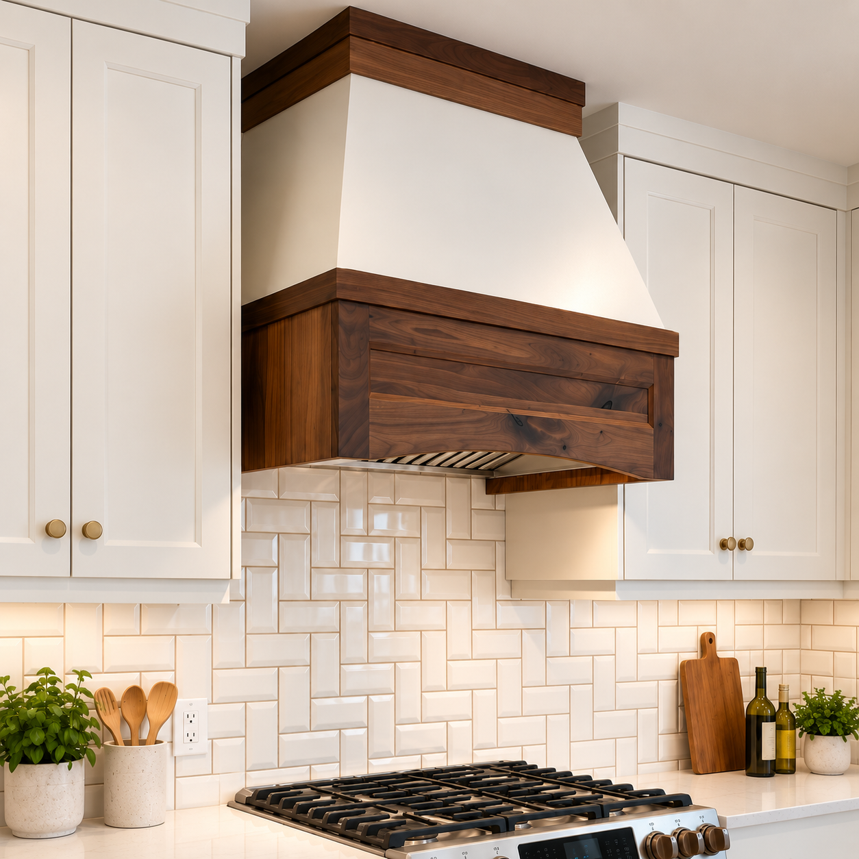 Custom walnut range hood surrounded by white Shaker cabinetry and textured white tile backsplash.