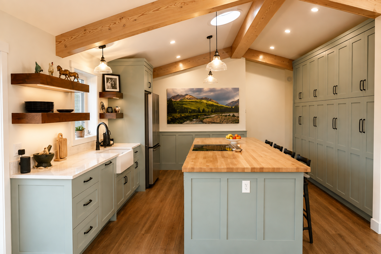 Custom cabinetry, butcher block island and exposed wood beams in a Bergen, Alberta kitchen by Winters Woodworks.