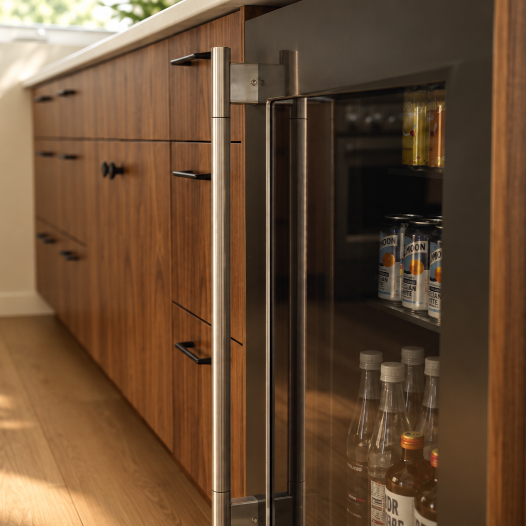 Custom walnut cabinetry with integrated beverage fridge and black hardware