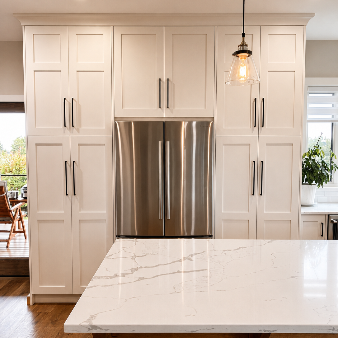 Custom white oak island cabinetry with inset Shaker doors, drawers and black hardware.