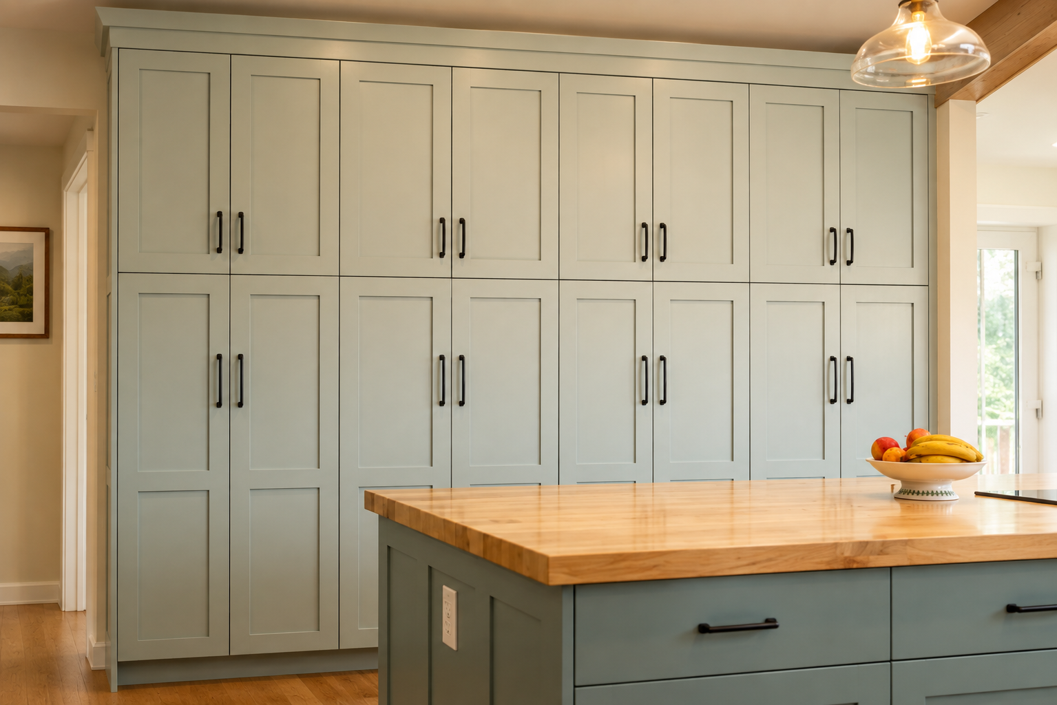 Floor-to-ceiling custom blue cabinetry with extensive built-in storage and a contrasting natural wood island.