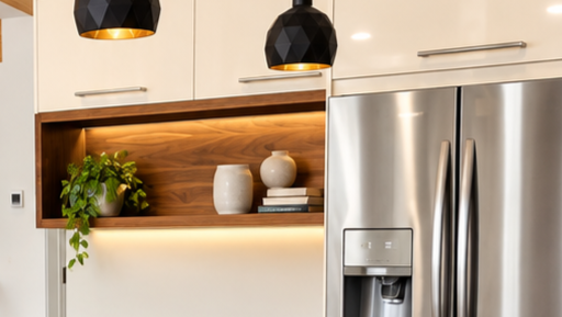 Custom walnut and white kitchen cabinetry with open display shelving and integrated storage in Canmore, Alberta.