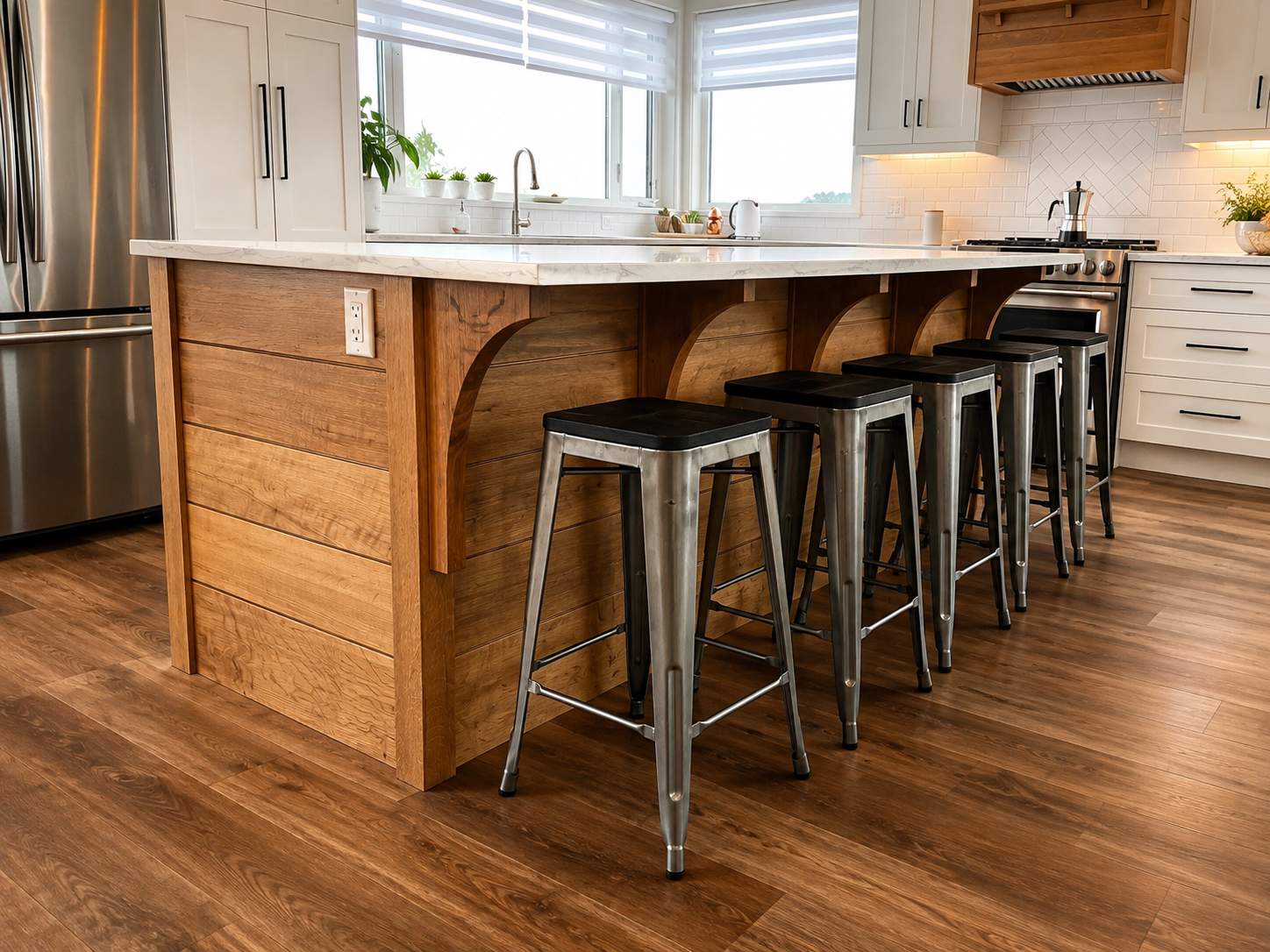 Large custom white oak kitchen island with detailed paneling, seating and white stone countertop.