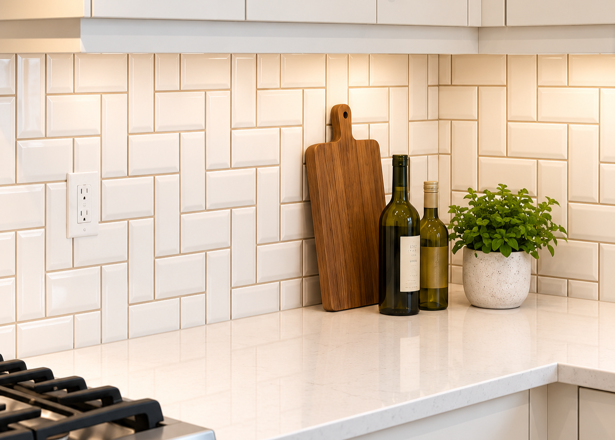 White quartz countertop and textured tile backsplash in a custom farmhouse kitchen renovation.
