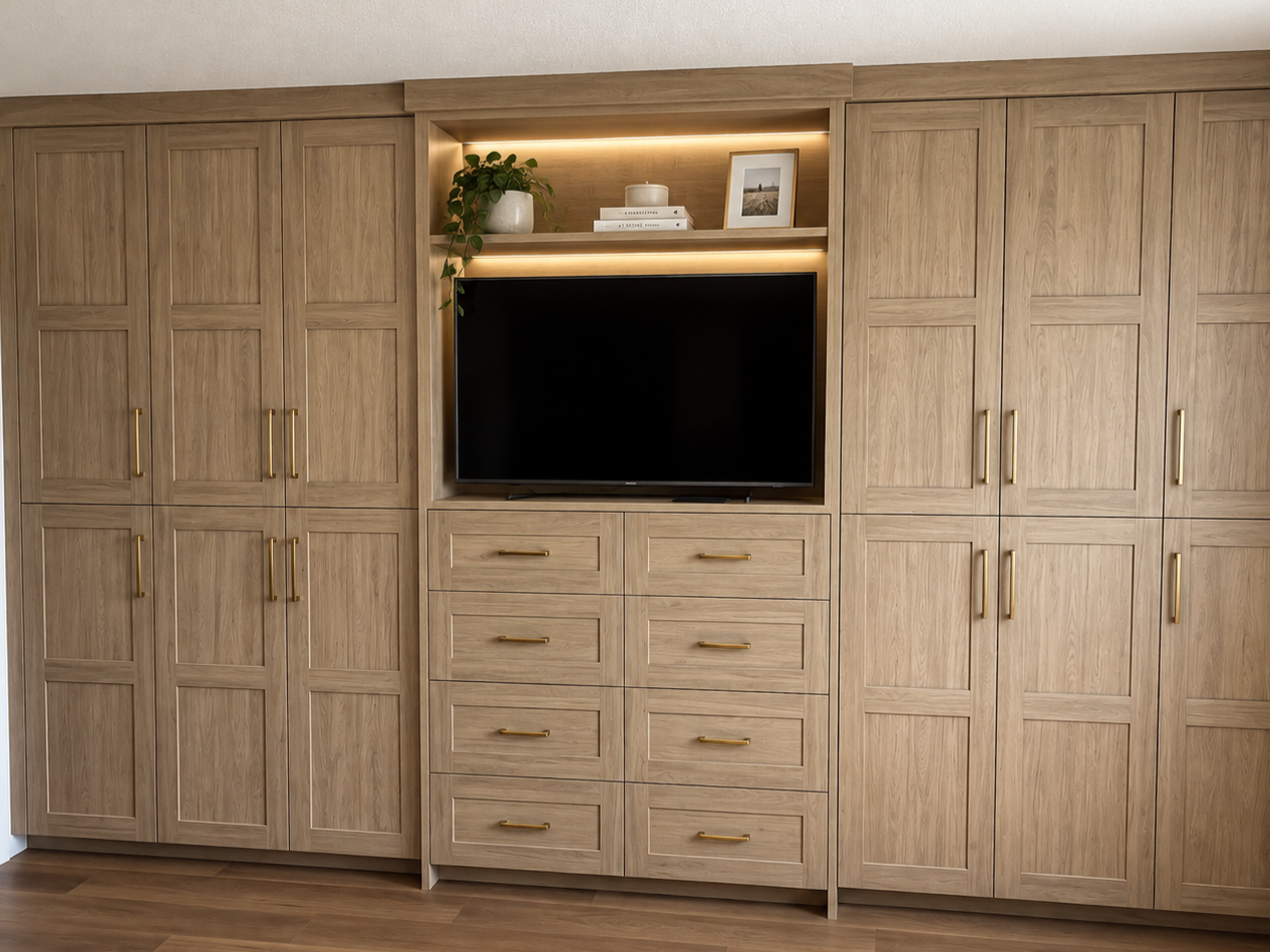 Floor-to-ceiling custom wood built-ins with integrated entertainment centre and storage