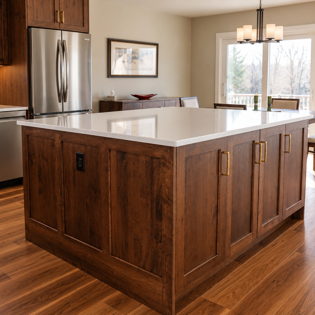 Close-up of custom paneled wood kitchen island with brass cabinet handles and white countertop in an open-concept kitchen.