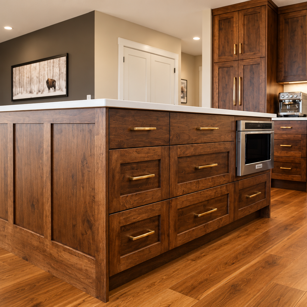 Custom wood kitchen island with deep drawers, brass pulls, built-in microwave and furniture-style end panel.