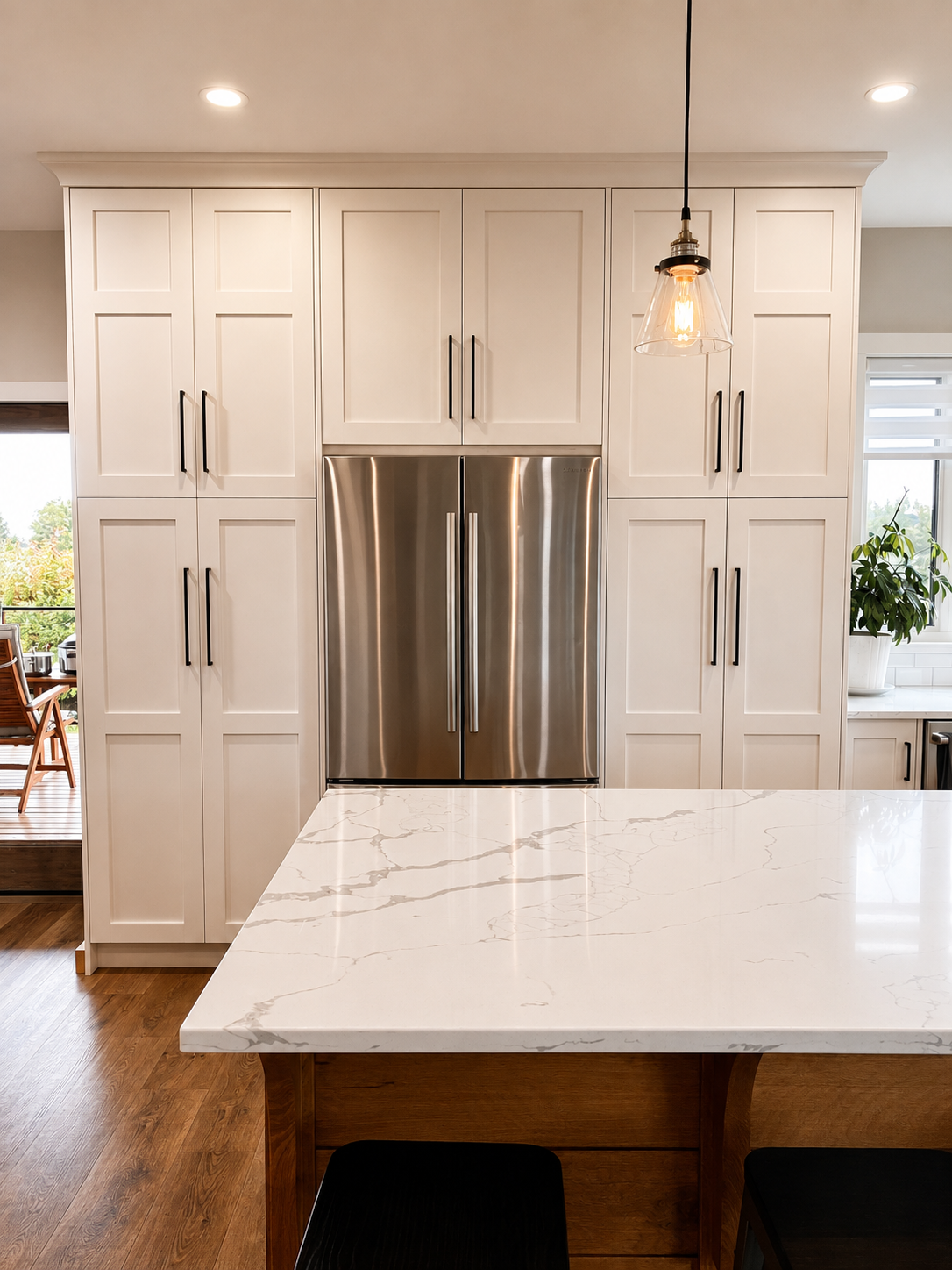 Floor-to-ceiling white custom cabinetry with integrated refrigerator storage and a large quartz kitchen island.