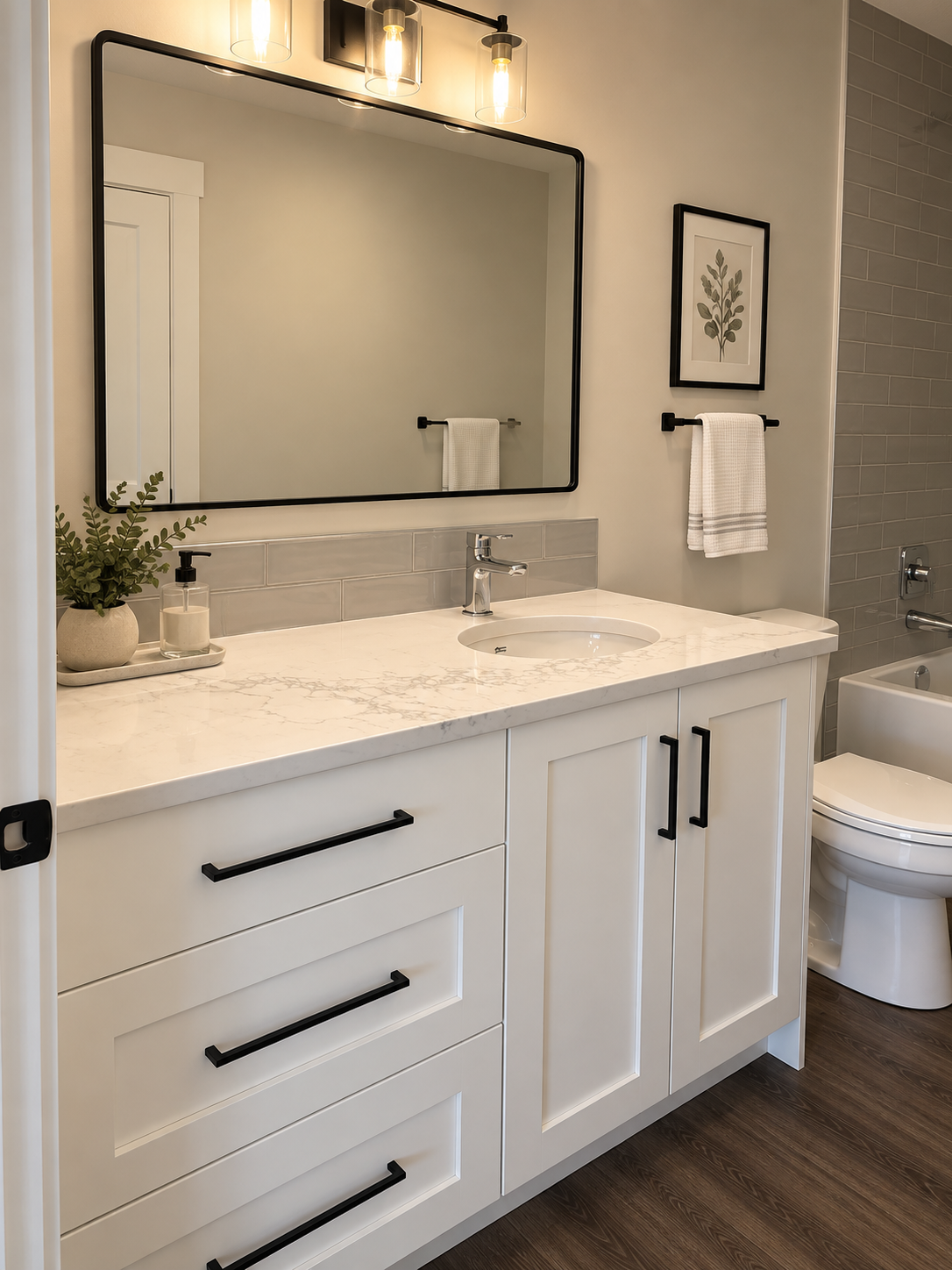 Custom white bathroom vanity with drawer storage, stone countertop and black hardware.