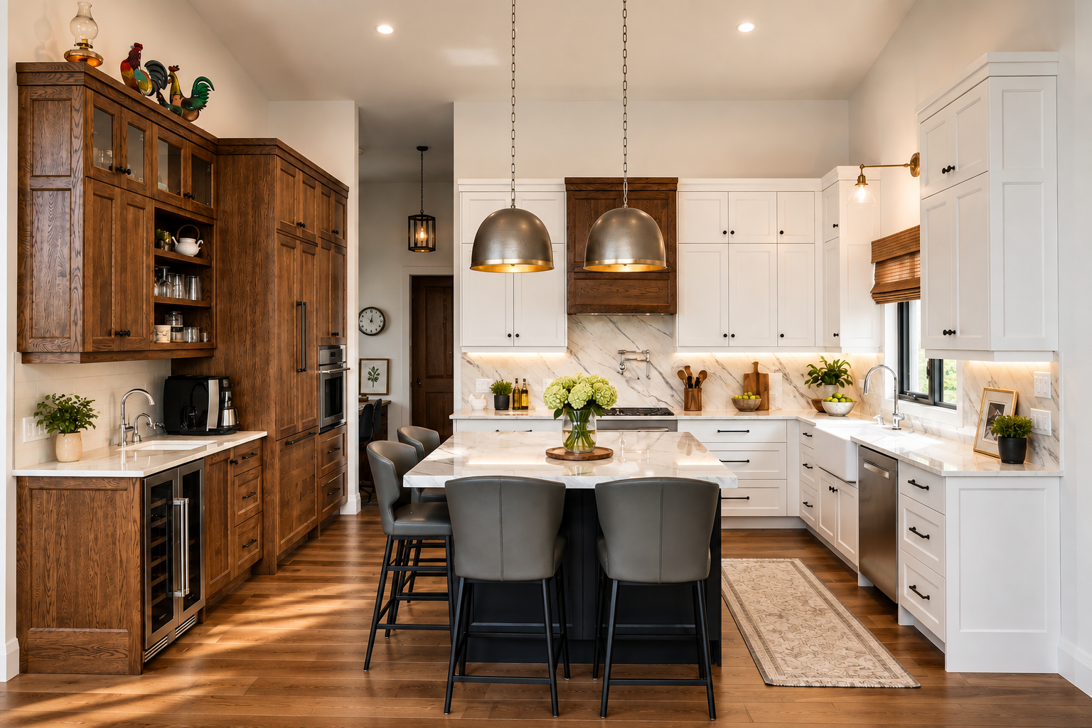 Custom Water Valley kitchen with crisp white cabinetry, rich stained oak, oversized island and floor-to-ceiling storage.