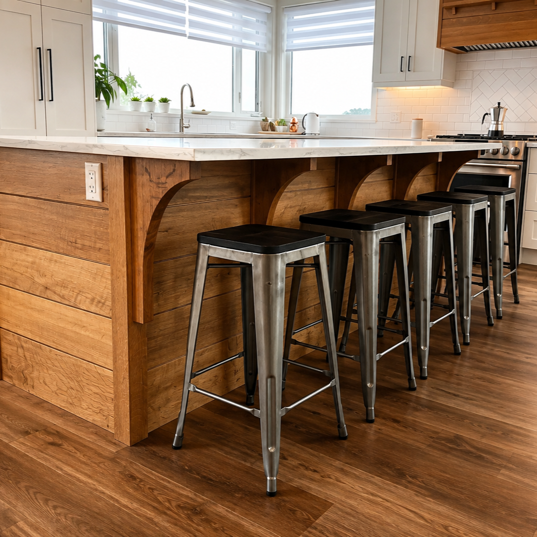 Large custom white oak kitchen island with seating, quartz countertop and handcrafted cabinetry.