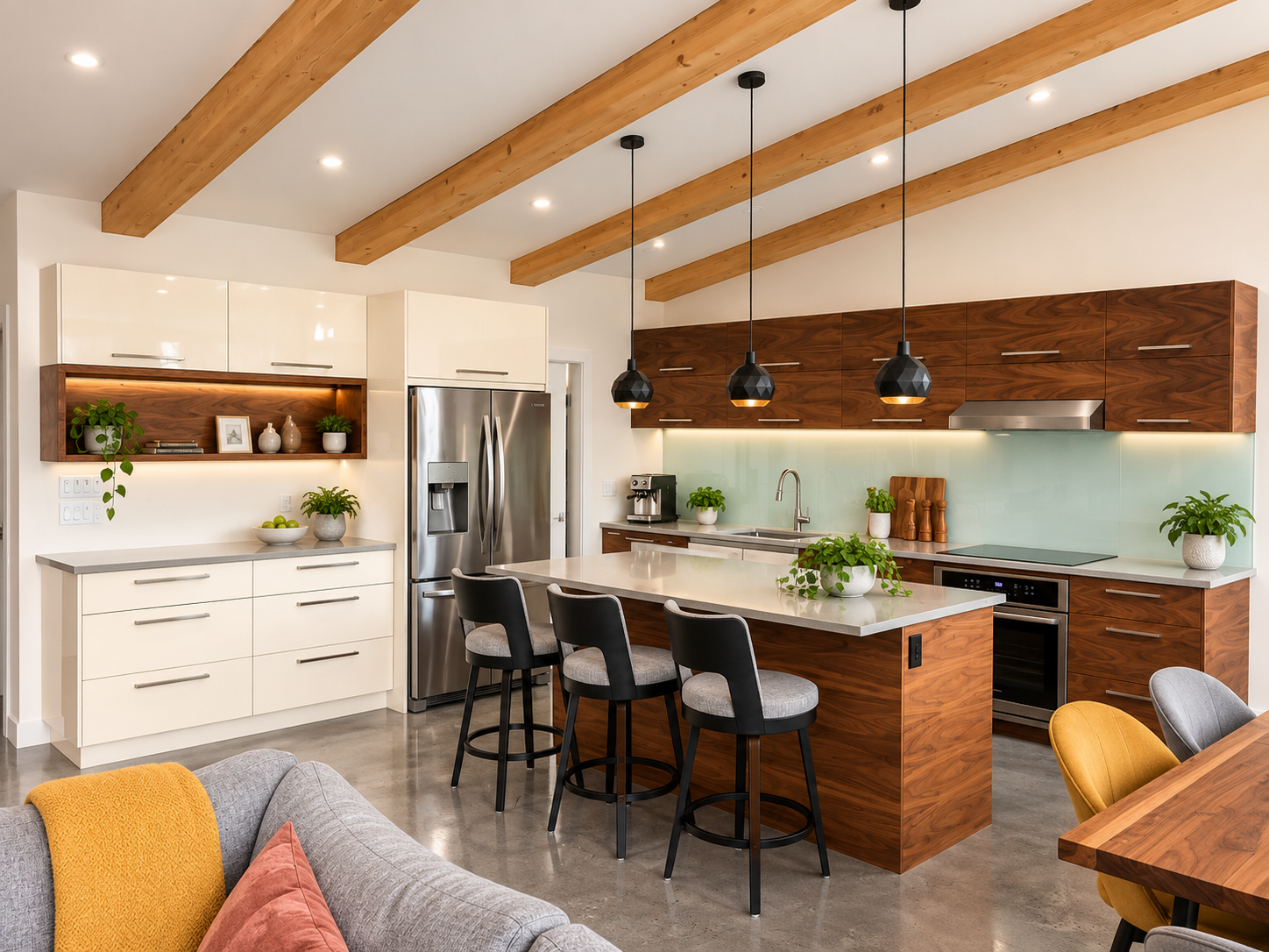 Custom kitchen combining natural wood and white cabinetry, open shelving and a handcrafted island by Winters Woodworks.