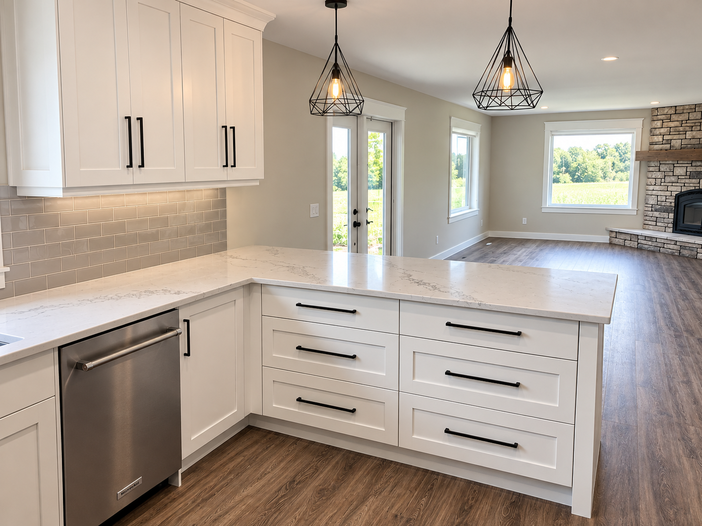 Custom white kitchen cabinetry with deep drawers, black hardware, stone countertops and built-in storage.