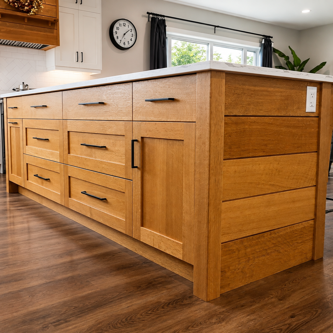 Custom white oak kitchen island with handcrafted wood panels, curved brackets and built-in storage.