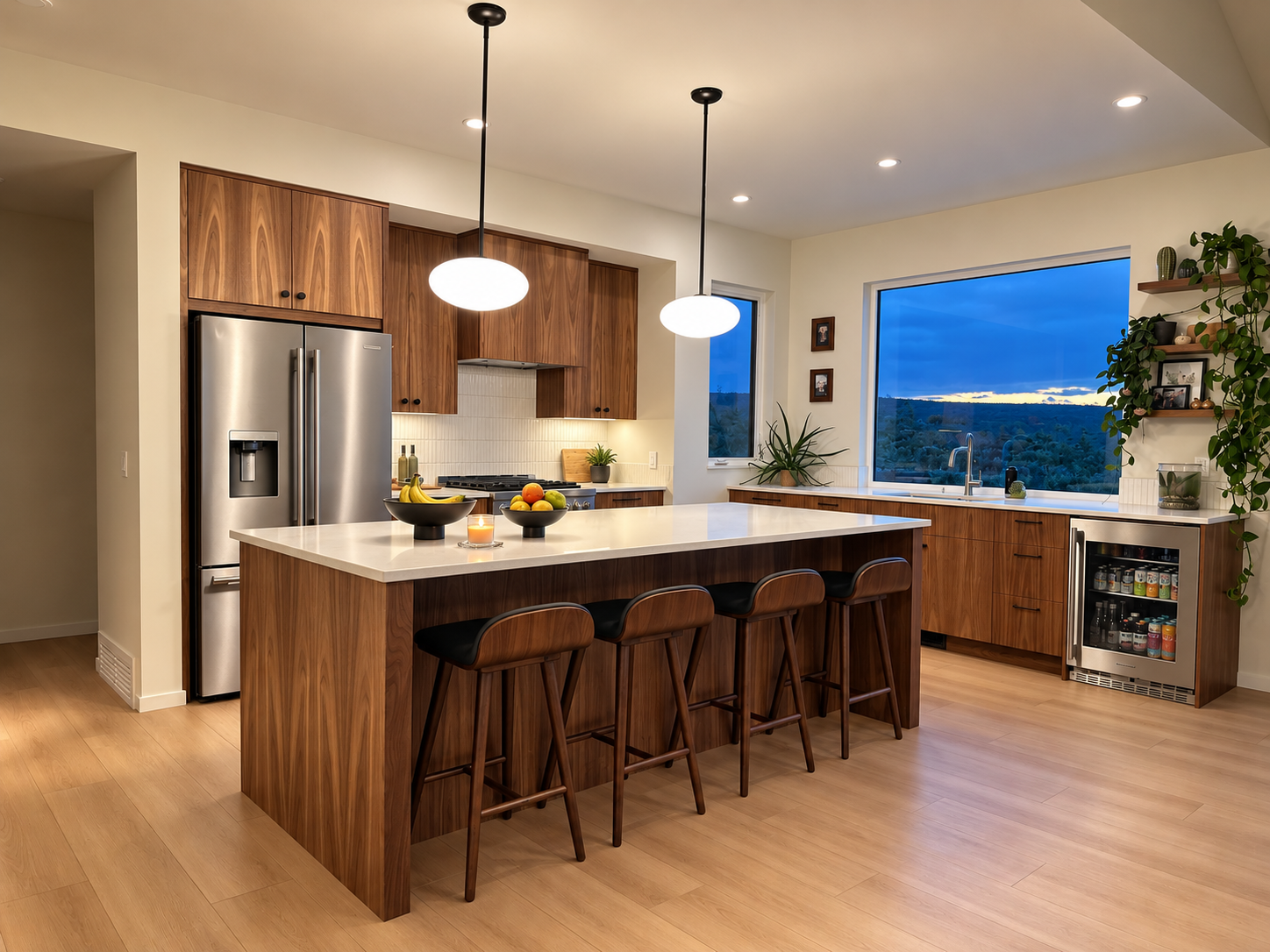 Custom walnut kitchen cabinetry with large island, built-in storage and beverage centre by Winters Woodworks.
