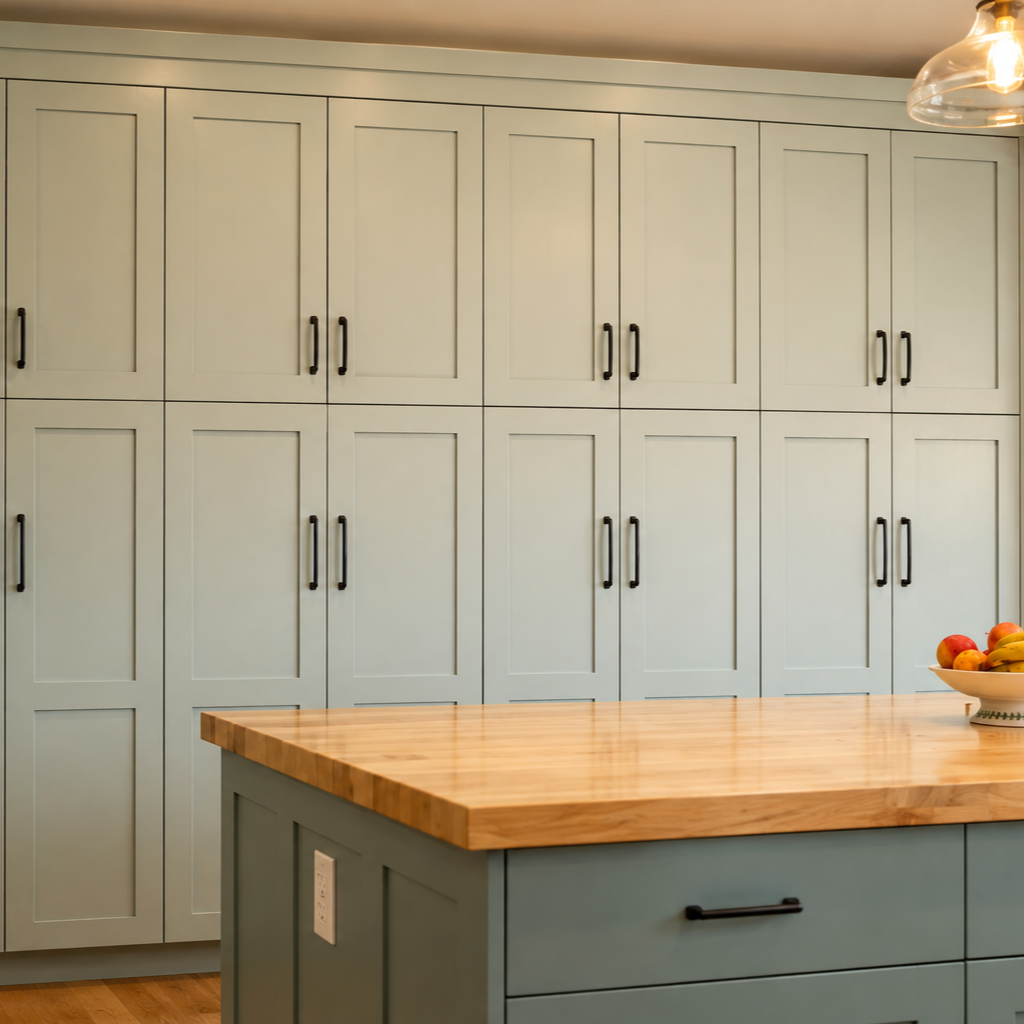 Floor-to-ceiling custom Wedgewood Gray cabinetry providing extensive kitchen and pantry storage.