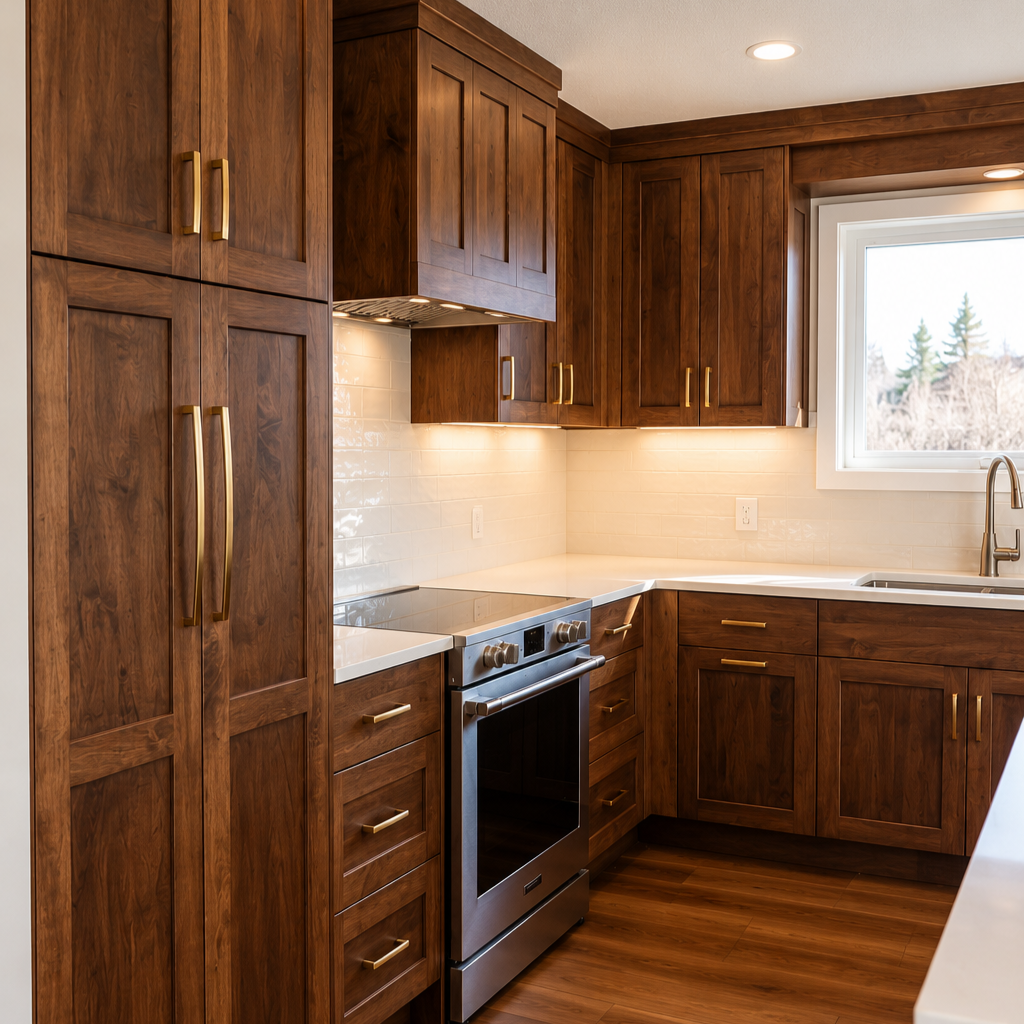 Full-height Shaker pantry cabinets and matching wood cabinetry surrounding a stainless steel range with white tile backsplash.