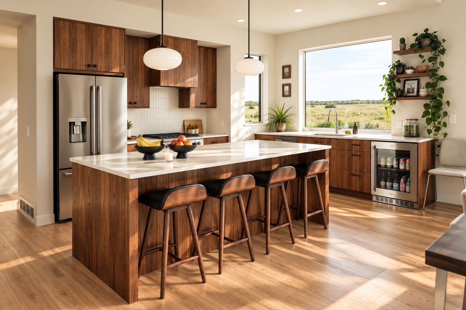 Custom walnut kitchen with large island and prairie views in Balzac, Alberta