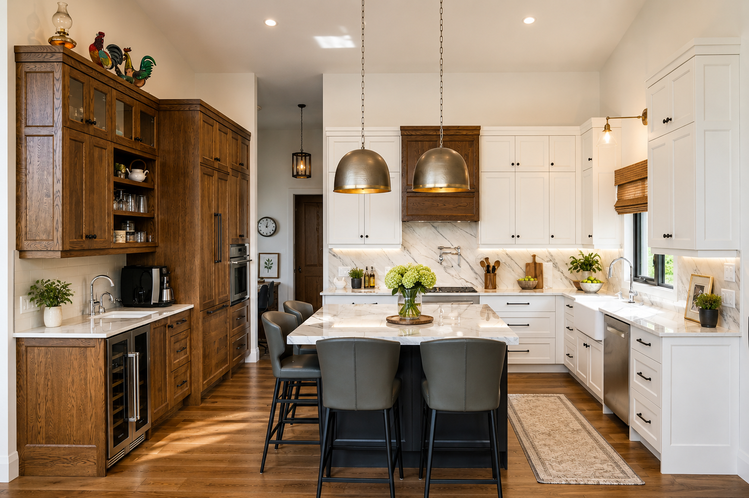 Custom kitchen with white cabinetry, warm wood accents, built-in storage and a large stone island.
