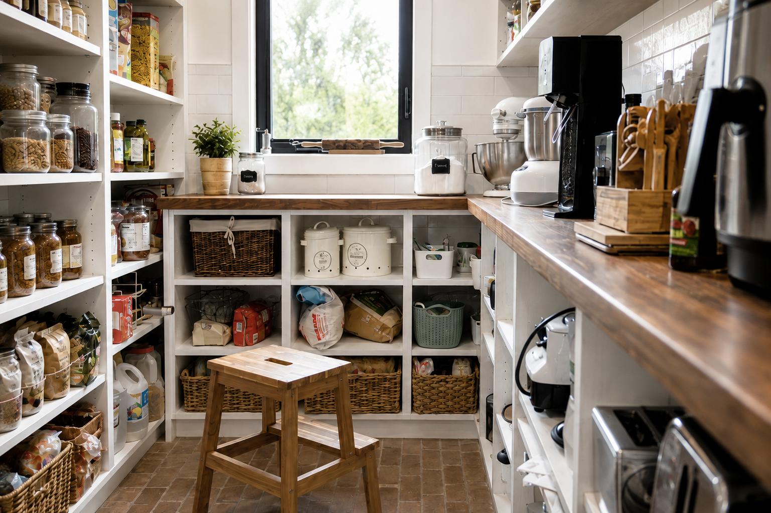 Custom walk-in pantry with white open shelving, built-in storage cubbies and natural wood countertops.