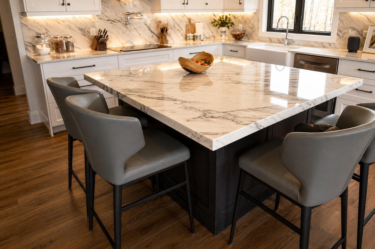 Custom white kitchen cabinetry with a large stone island, built-in storage and contrasting dark island base.