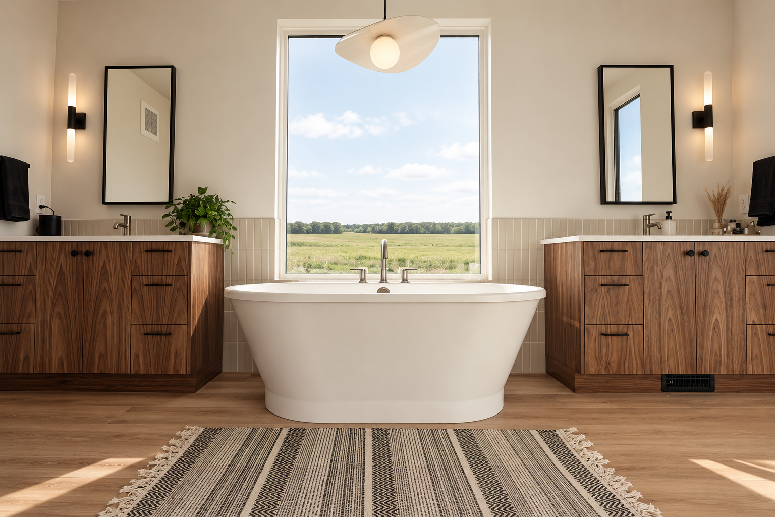 Custom walnut bathroom vanities with freestanding tub and rural Alberta view