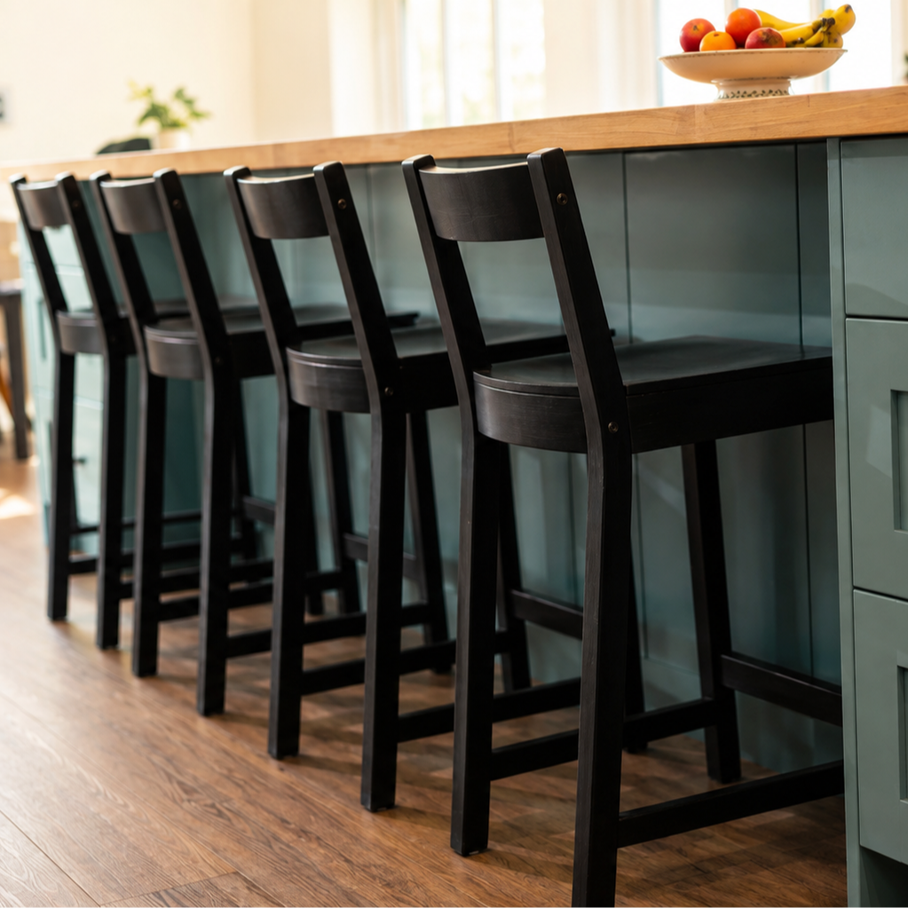 Large butcher-block kitchen island with Wedgewood Gray cabinetry and seating for family and guests.
