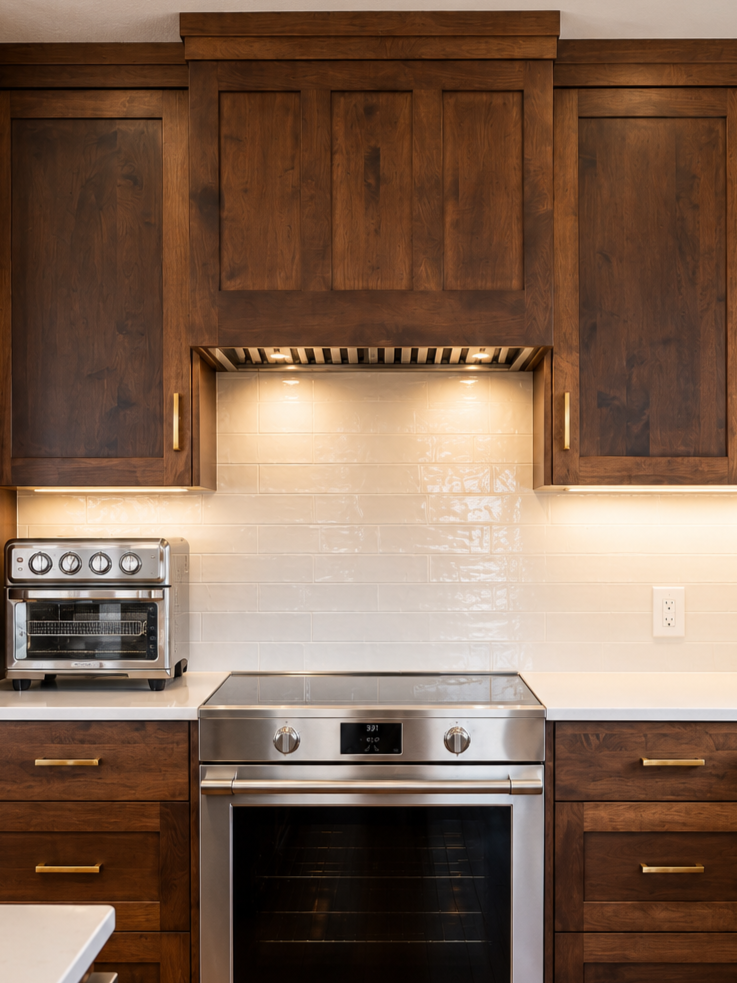 Floor-to-ceiling wood pantry cabinetry, custom range hood and white countertops in a warm Shaker-style kitchen.